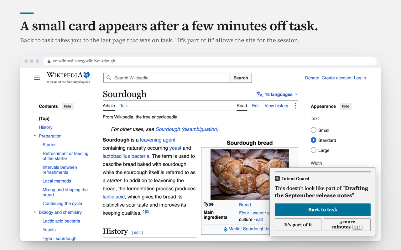 A Wikipedia article with the Intent Guard card in the corner: This doesn't look like part of "Drafting the September release notes", with Back to task, It's part of it and 5 more minutes buttons.