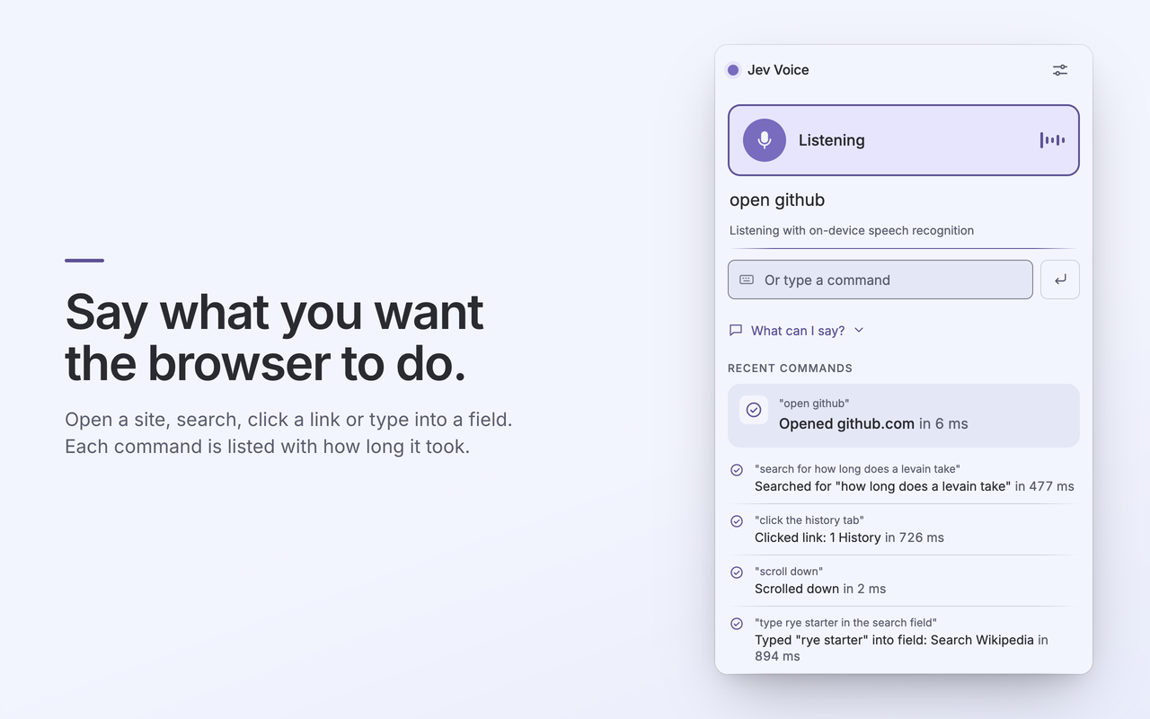 Jev Voice side panel while listening, with open github as the last thing heard and recent commands listed with their timings.